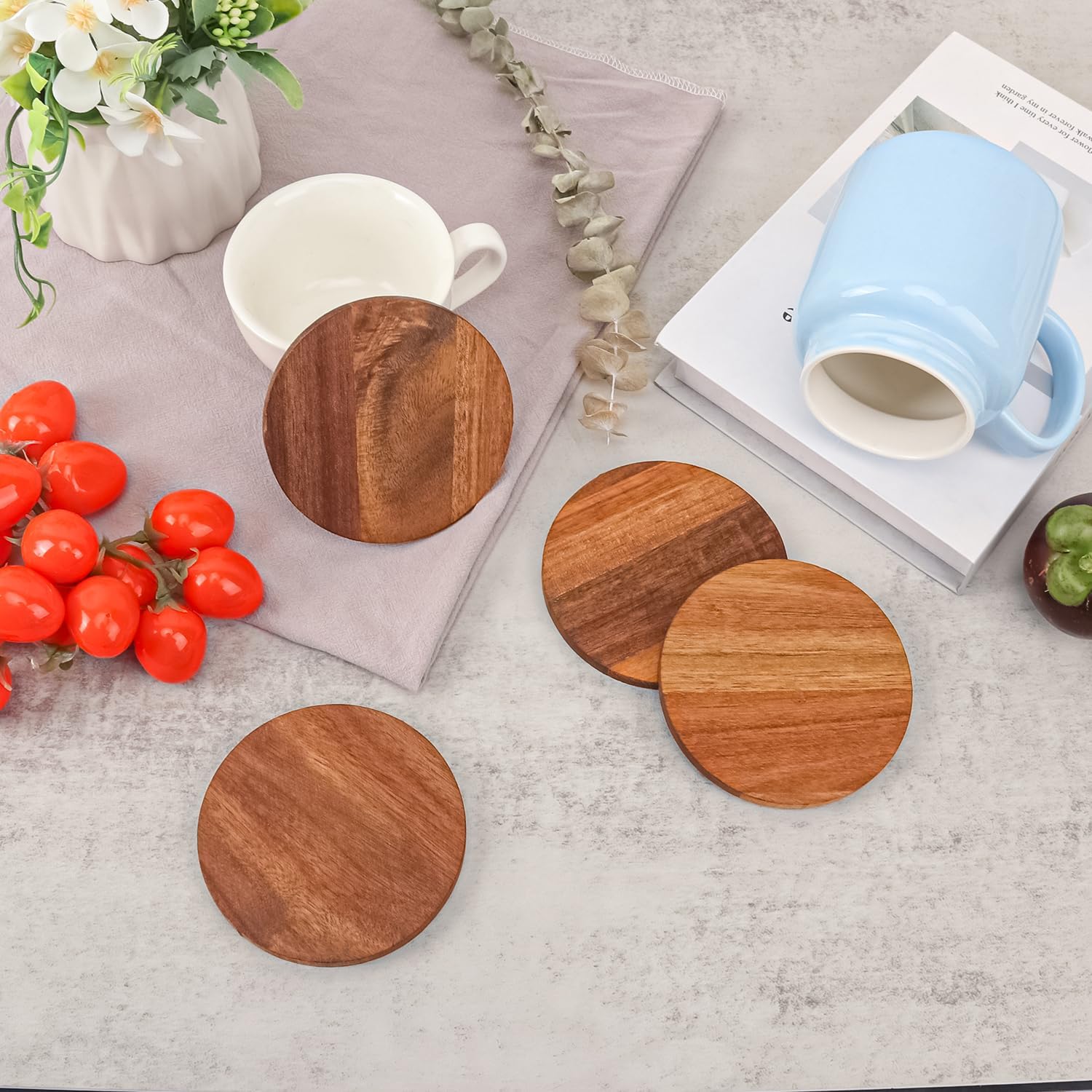 20 Pack 4 Inch Acacia Wood Round Coasters for Drinks, Bulk, Acacia Wooden Drink Coasters, Suitable for Tables, Countertops, Desks, Home Decor - Image 7
