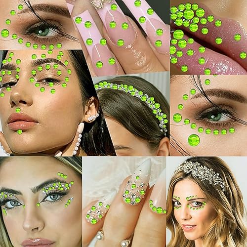 Miniatura 6 de 3090 calcomanías de diamantes de imitación, autoadhesivas, gemas de cara verde, calcomanías de perlas de 3450.236 in, gemas para el cabello en la