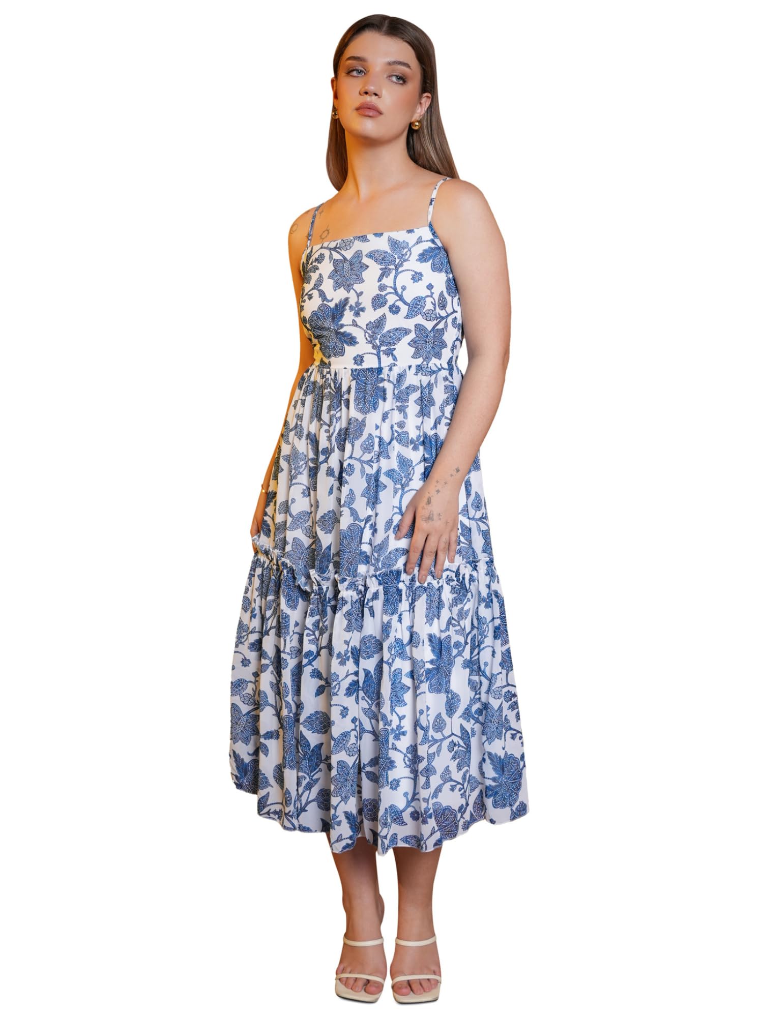 Purvaja Womens Fit & Flare Below Knee Length Dress (Floe-004_Blue_X-Large)