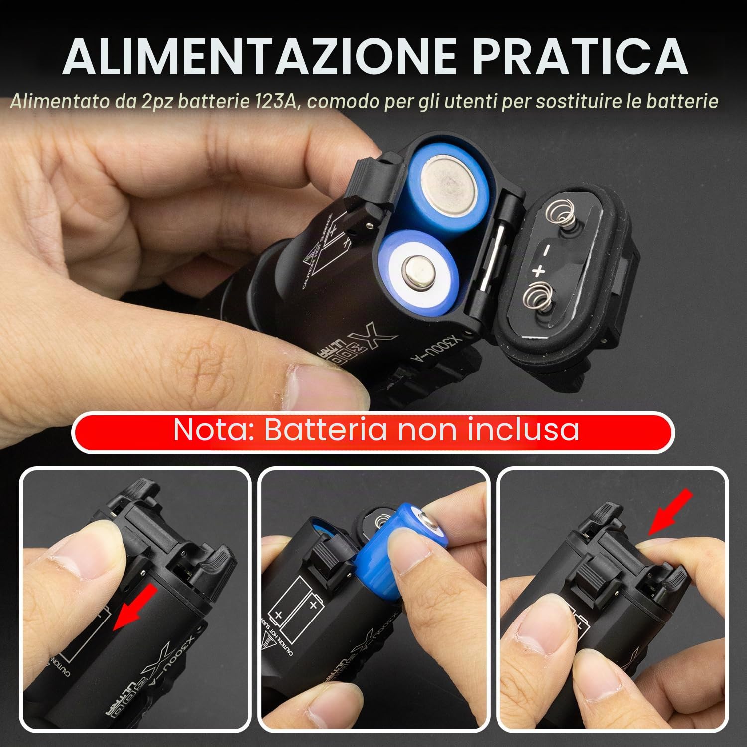 Zhongren X300 - Torcia tattica per softair, 800 lumen, 2 modalità, luce costante/momentanea, colore: Nero