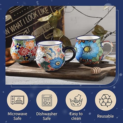Miniatura 4 de ALMA Taza de café con flores azules actualizada 2025 de 12 onzas líquidas, taza de té de cerámica floral para mujeres, apta para horno microondas