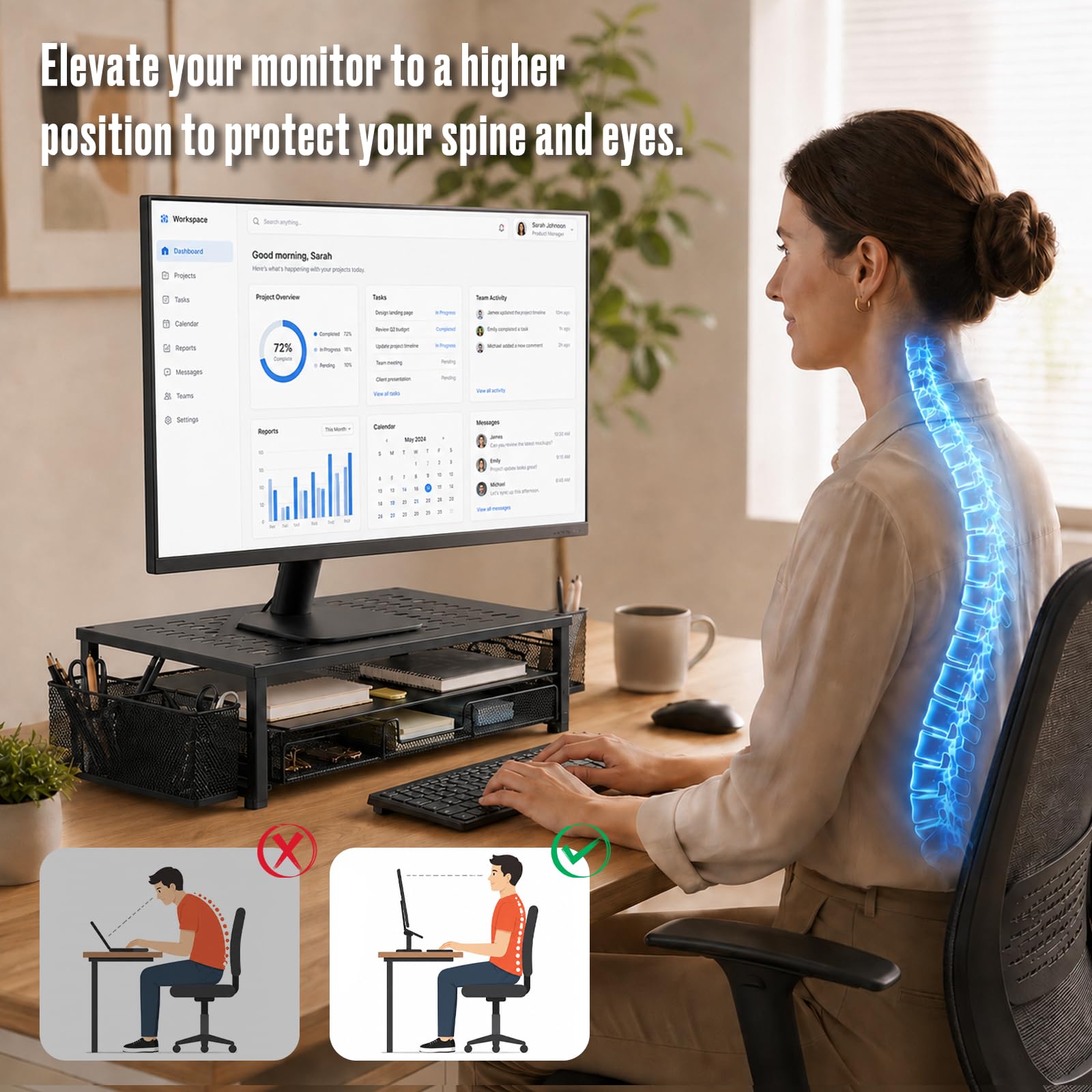 Supporto per monitor con cassetto | Supporto per monitor, per computer, laptop, PC, stampante, portata massima 20 kg, nero