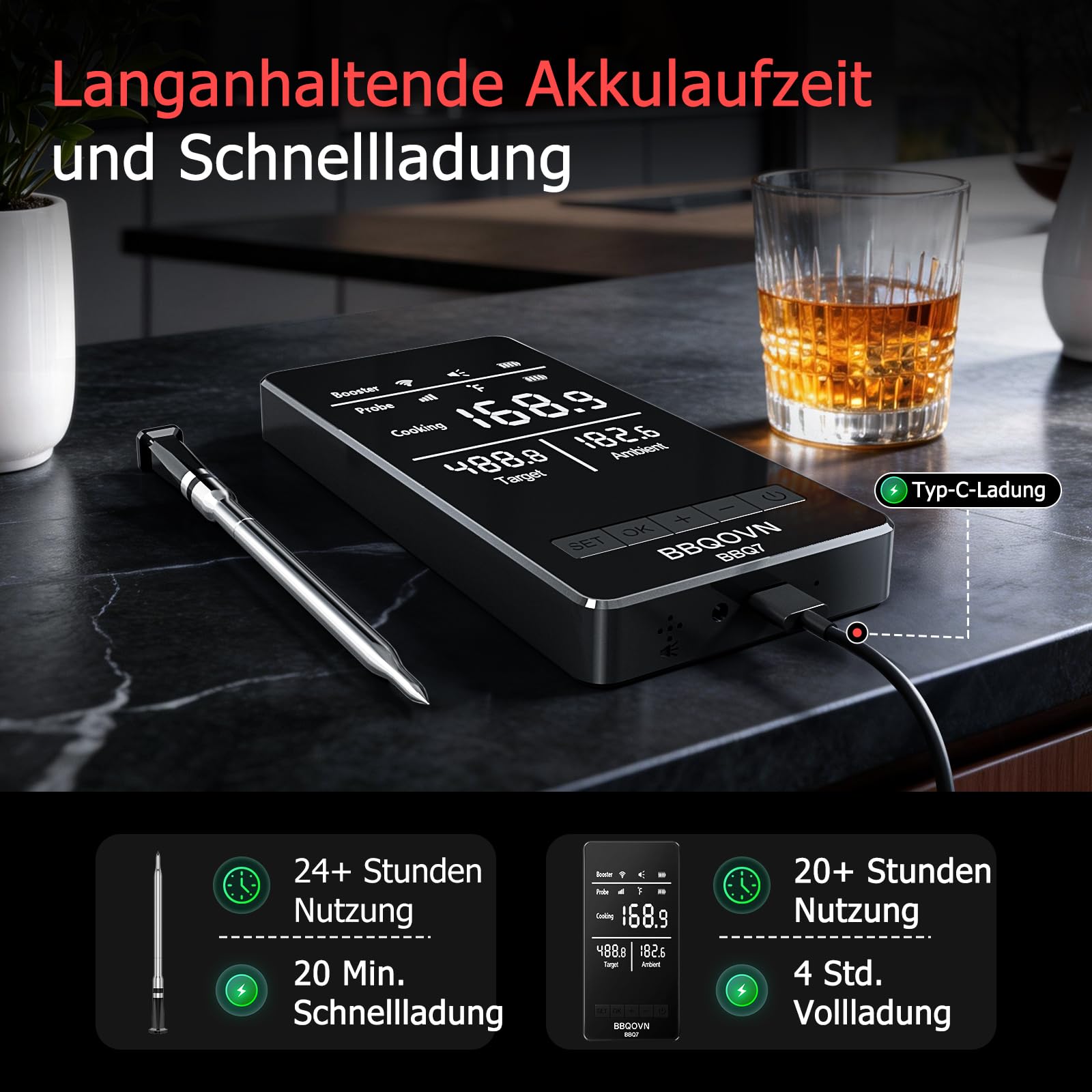 BBQOVN WLAN Bluetooth Fleischthermometer mit Unbegrenzter Reichweite, 7 NIST-zertifizierte Sensoren & Umgebungstemperatur, Kabelloses Thermometer für BBQ, Smoker, Ofen, Grill, Heißluftfritteuse