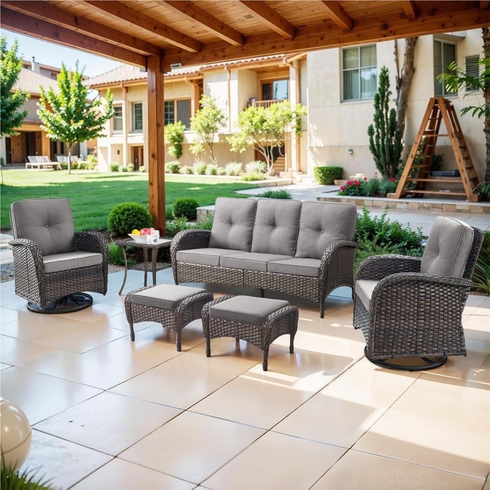 6 Piece Patio Conversation Sets Wicker Patio Furniture Sets with Outdoor Swivel Rocker Chairs Couch for Backyard Porch Balcony Poolside(Blue)