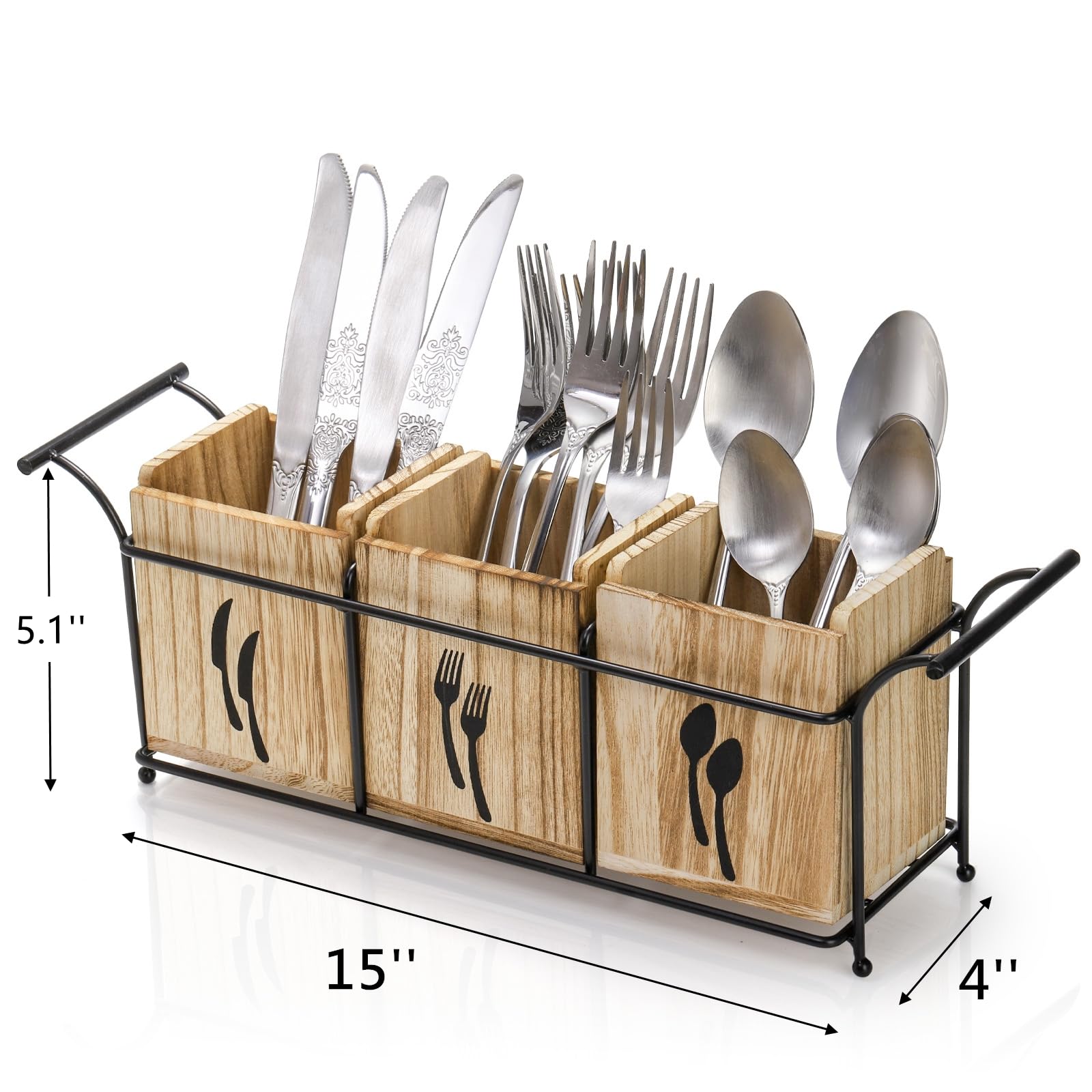 Soporte de utensilios de madera para fiestas, organizador grande de cubiertos de encimera con asa, 3 compartimentos desmontables, organizador de cocina con bandeja de metal para tenedor 2