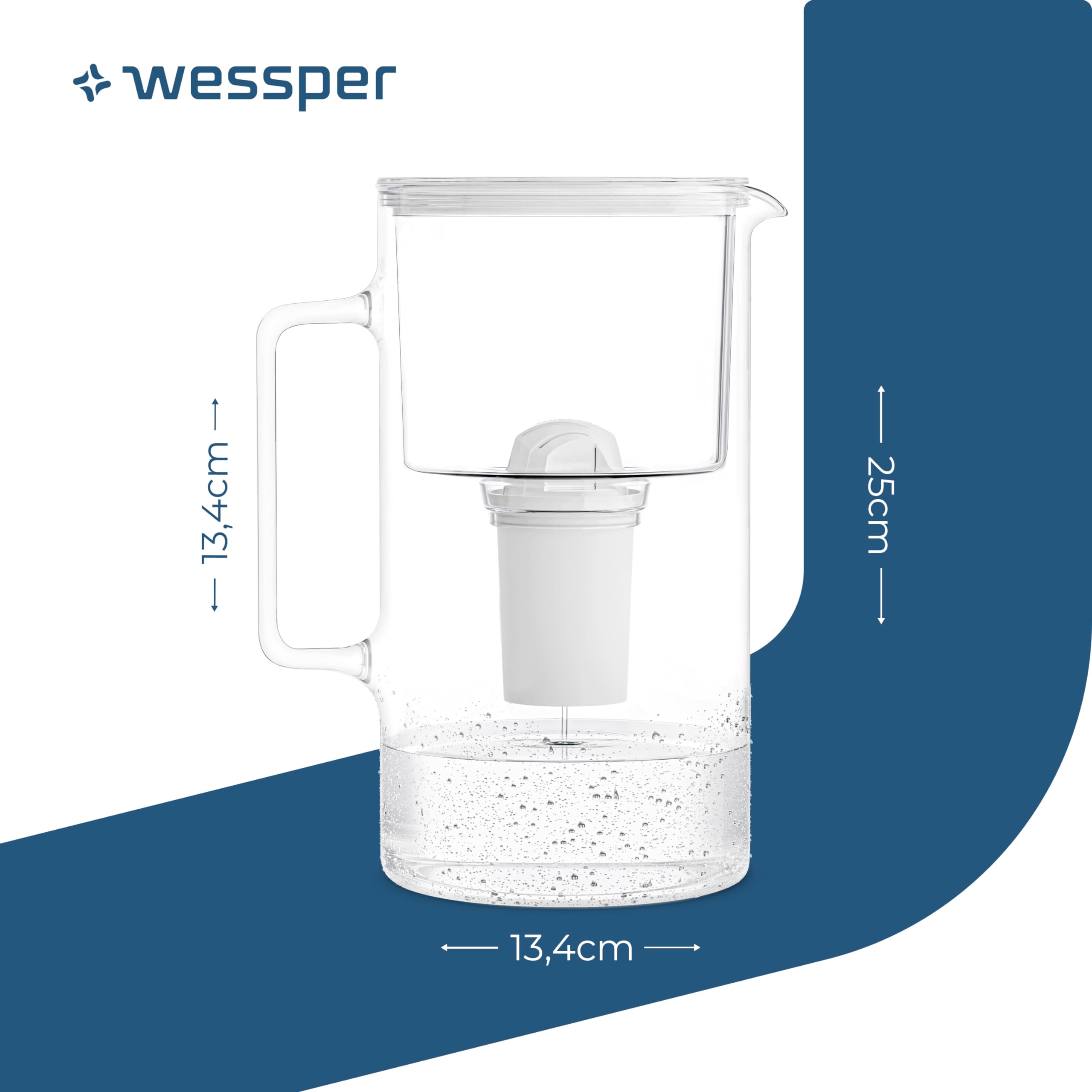 Wessper Carafe Filtrante en Verre avec Deux Cartouche Anti Calcaire, Carafe d'eau Capacité de 3 L, Filtres eau Compatible avec Brita Classic, Dafi Classic, Blanc