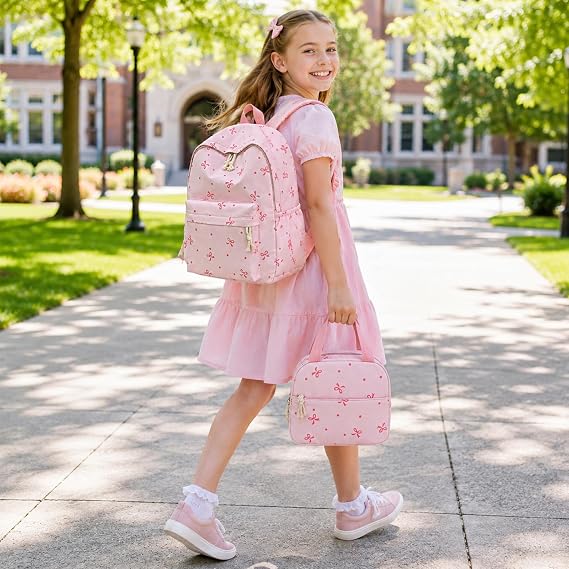 3-Piece Bow School Bag Set, Adorable Bow Bag, Pink Girls Backpack for School, Polyester Backpack + Lunch Bag + Pencil Case, for Teens Students Daily Use, Commute Travel Hiking Camping