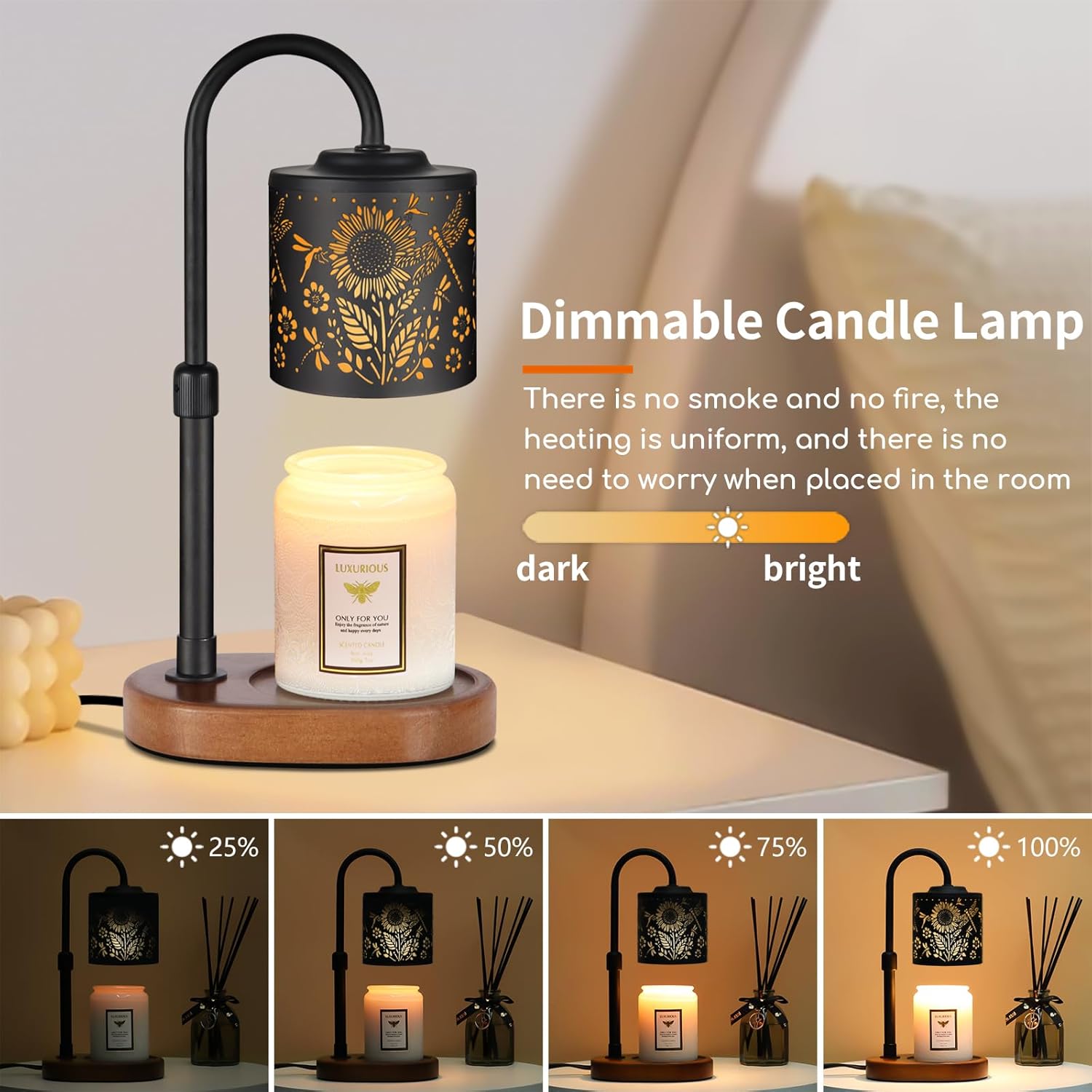 dimmable candle warmer lamp with timer adjustable height for scented jar candles electric candle wax melt warmer for home decor christmas birthday gifts for women mom(sunflower+dragonfly) 02-black-sunflower & dragonfly