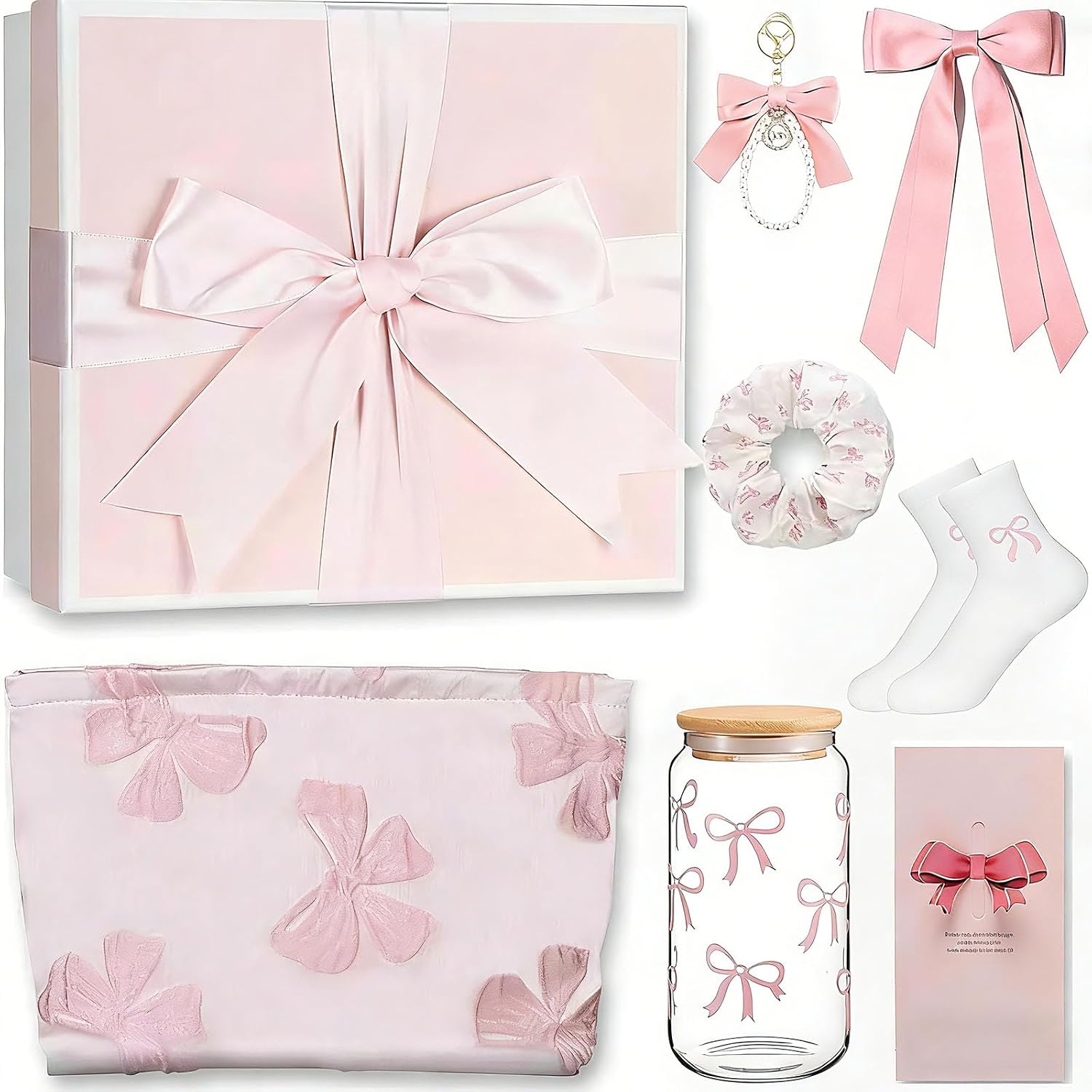 7 PCS Coquette Pink Bow Stuff Gift Set for Girls with Preppy Makeup Bag,Cup