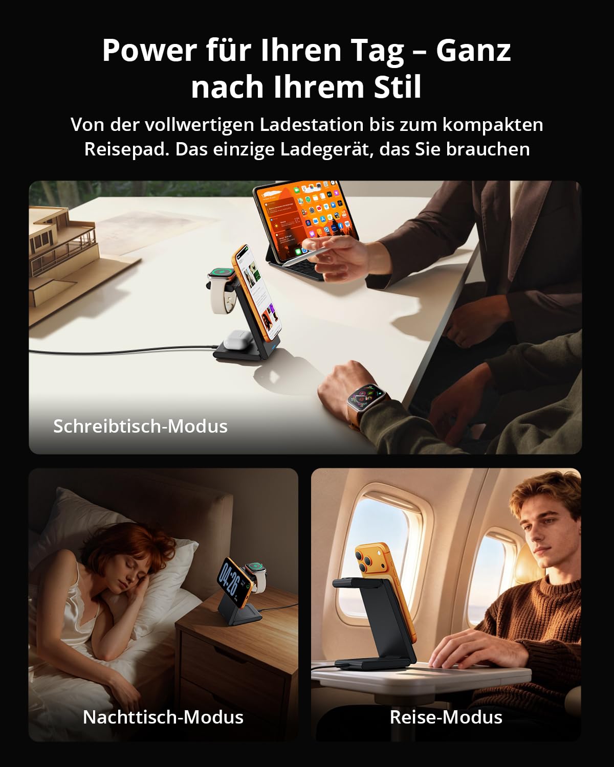 GEEKERA 3-in-1 Faltbar Ladegerät für Mag-Safe, Induktive Ladestation für Apple Watch und iPhone, Induktionsladegerät Kompatibel mit iPhone Air/17/16/15/14/13/12, Apple Watch 11-2, AirPods, Mattschwarz