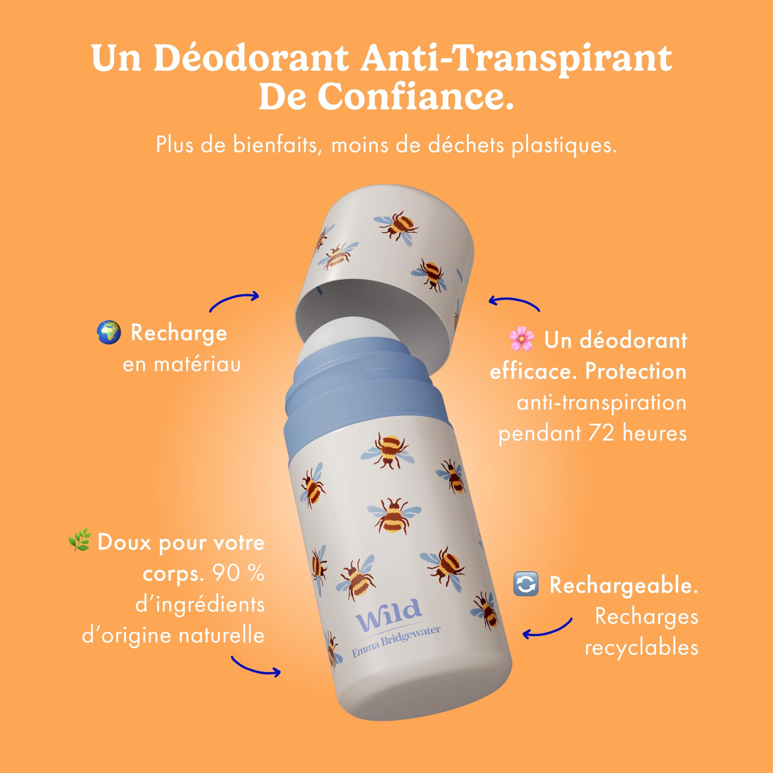 Wild Kit de Déodorant Anti-Transpirant Roll-On Rechargeable avec Protection 72 heures - Étui imprimé abeilles avec Recharges Honey & Cactus Flower, Coconut & Vanilla, Vanilla Bean & Buttercream