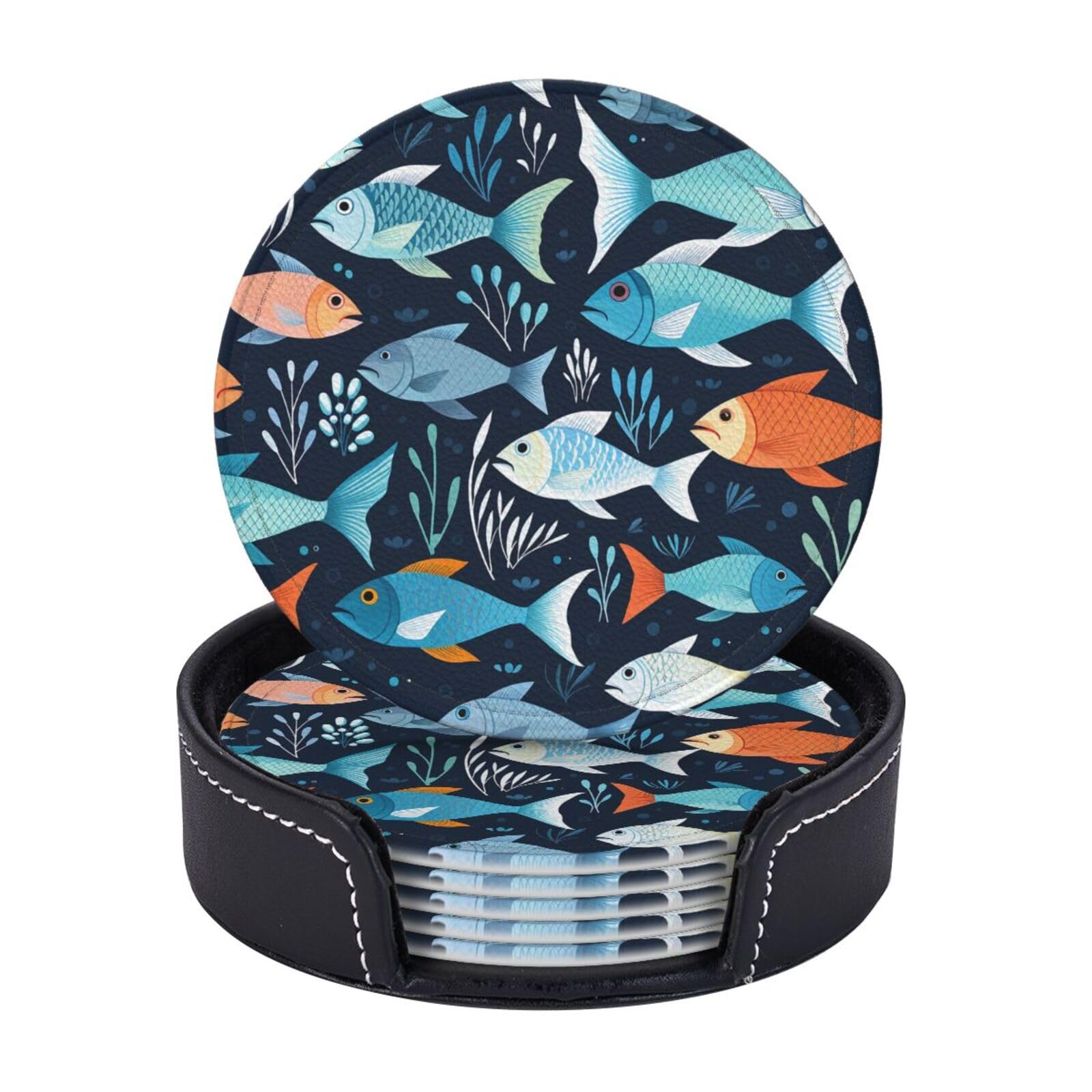 Round Coasters for Drinks Set of 6 - PU Leather Coasters with Holder - Modern Drink Coasters for Coffee Table - Fishes Pattern Coaster for Tabletop Protection 4" Cup Mat Pad