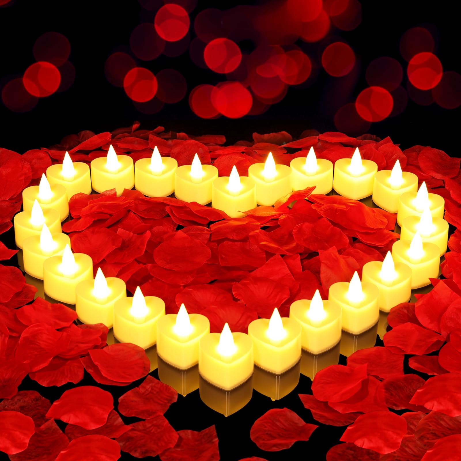 gobutend 2000 Pcs Artificial Rose Petals with 24 Pcs Romantic Flameless Candles, LED Heart Tea Lights Battery Operated for Romantic Night Wedding Anniversary Table Party Decoration — image 1