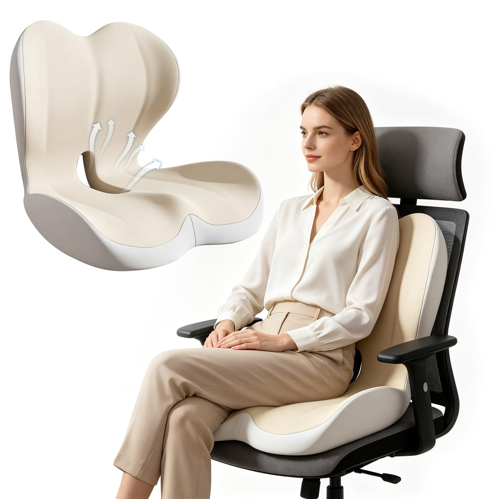 Orthopädisches Sitzkissen mit Rückenlehne, L Förmiges Sitzkissen Bürostuhl & Auto, Ergonomisch Steißbeinkissen Memory Foam, Atmungsaktivem Steißbein-Ausschnitt, für Bürostuhl, Autositz