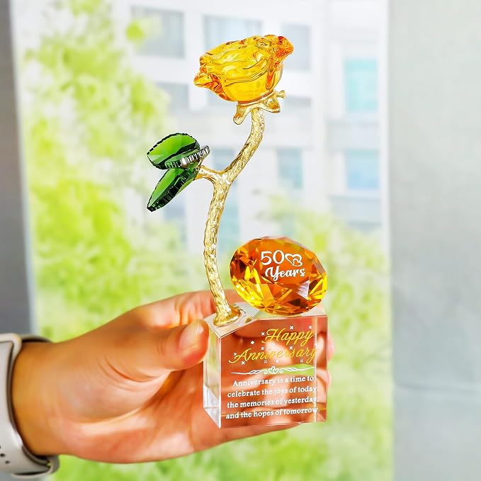 YWHL 50th Wedding Anniversary Rose Gifts for Parents Grandparents, 50 Years Happy for Couples, Crystal Rose Figurine with Amber Diamond, Romantic Valentines Day Present for Wife miniatura 7