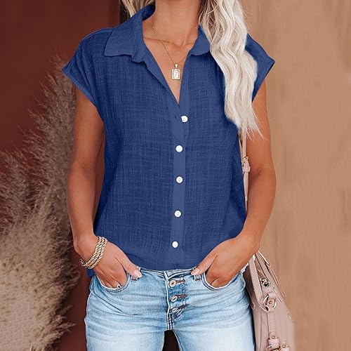 Miniatura 7 de Ceboyel Camisas para mujer de moda de verano, algodón, lino, manga corta, cuello con botones, blusa casual para mujer 2023