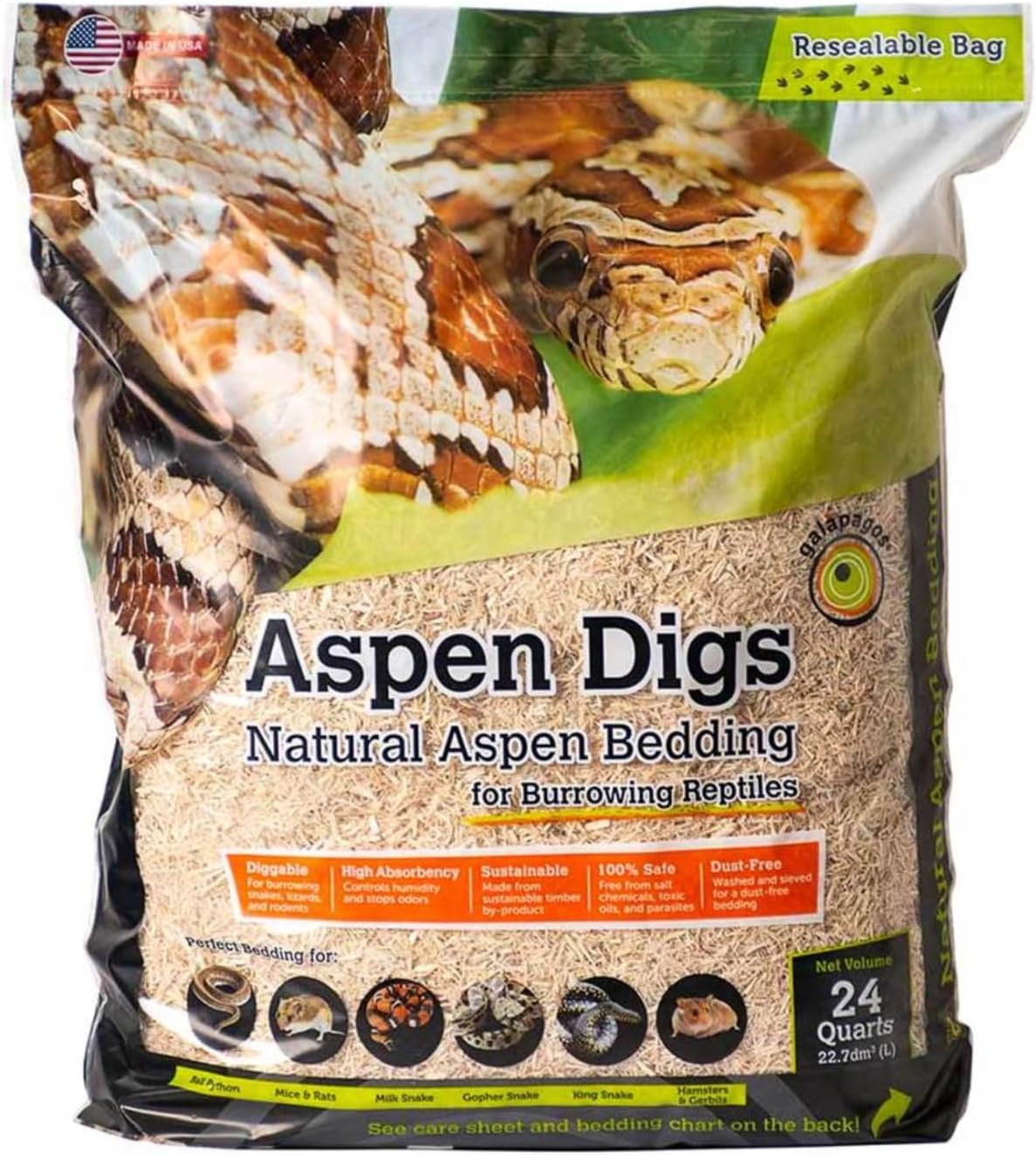 Single Pack of Galapagos Aspen Digs Natural Aspen Bedding Substrate 24 qt