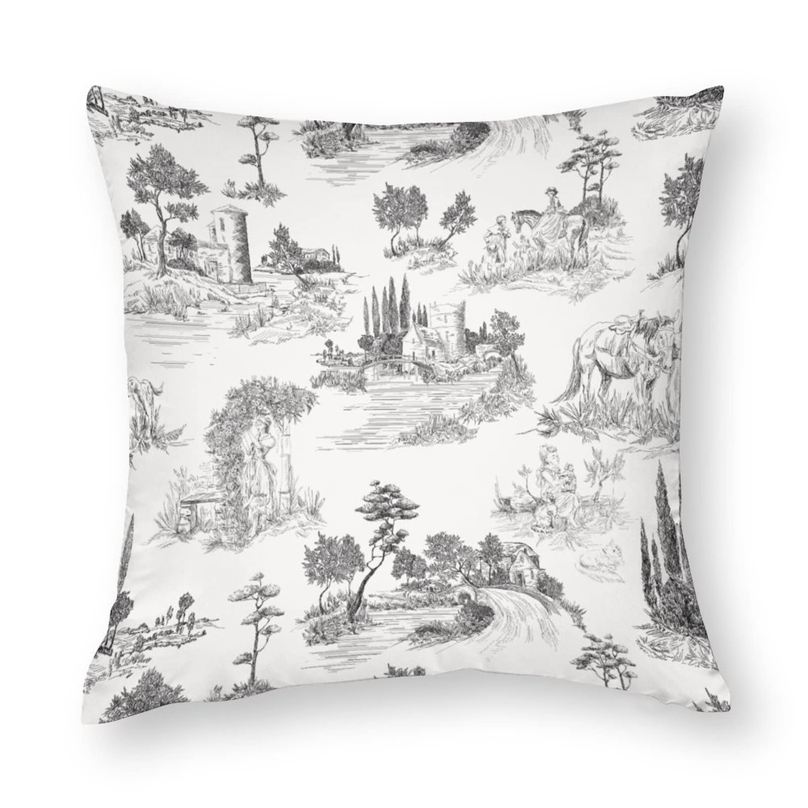 Nibabaeu As Picture Cushion Covers 1 Pcs Toile De Jouy Stile Landscape Decorative Pillow Covers 18"X18" Soft Polyester Square Pillow Cases For Living Room Sofa Couch Bed Pillowcases