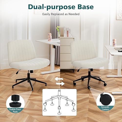 Miniatura 5 de OLIXIS Silla cruzada con ruedas anchas con patas cruzadas, silla de escritorio de oficina, cómoda silla de tela sin brazos ajustable giratoria para