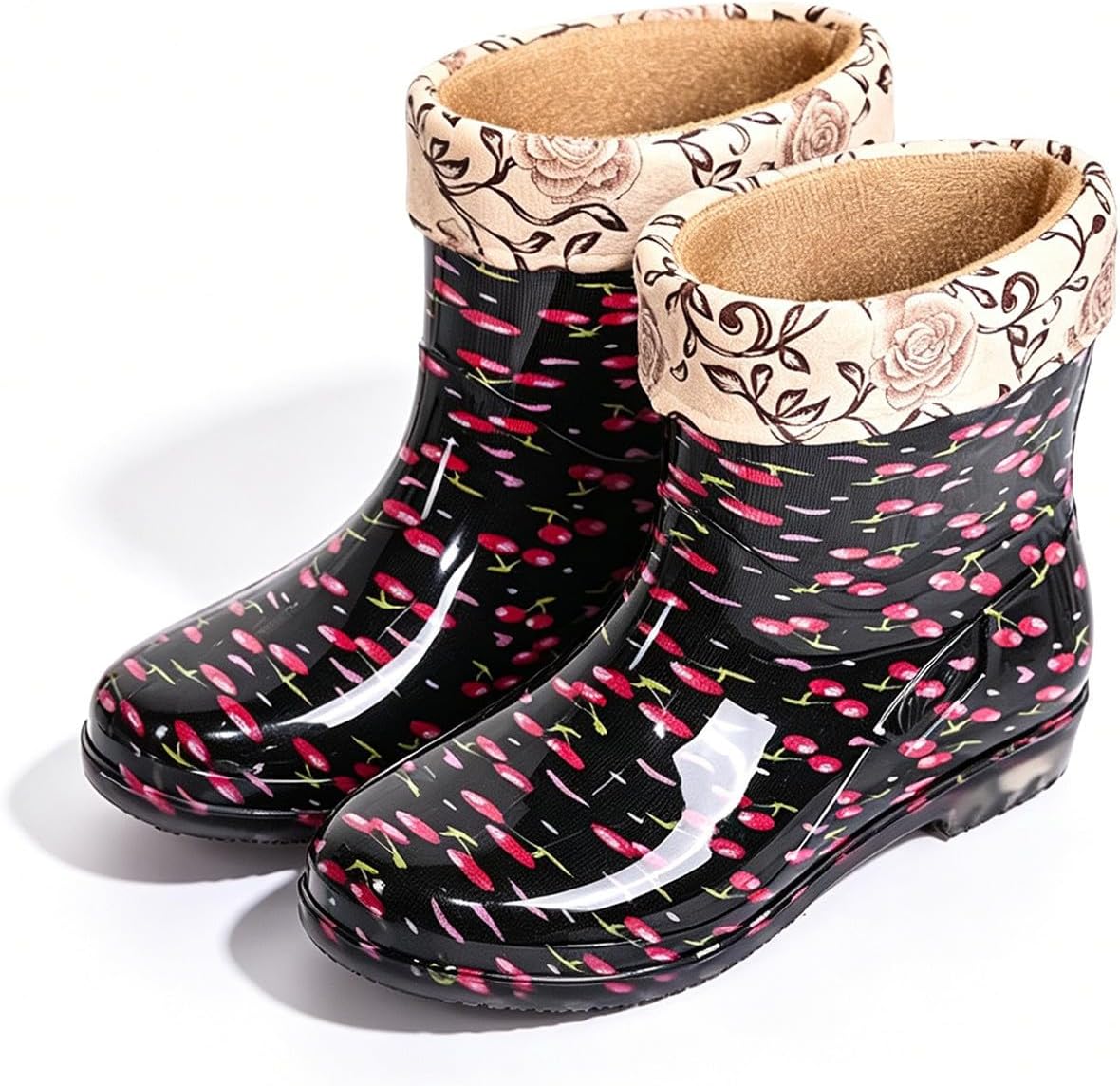 Ladies Waterproof Short Rain Boots Fruit Print Rubber Ankle Wellies Removable Lining Garden Work
