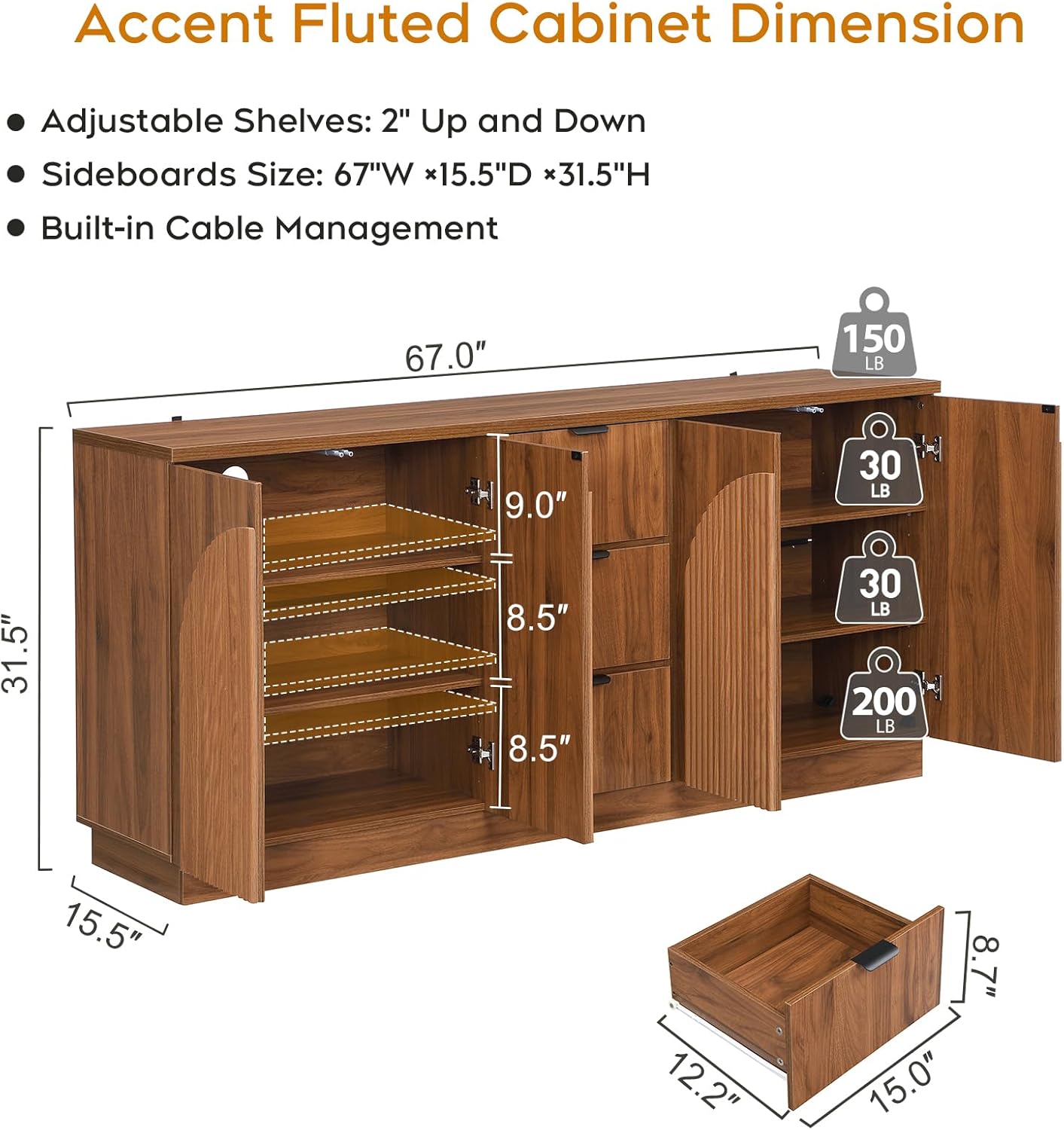 Yechen 67" Walnut Fluted Sideboard Buffet Cabinet with 4 Arched Reeded Design Doors &3 Drawers, Mid Century Modern Credenza Storage Cabinet with Adjustable Shelves, for Living Room Dinning Hallway