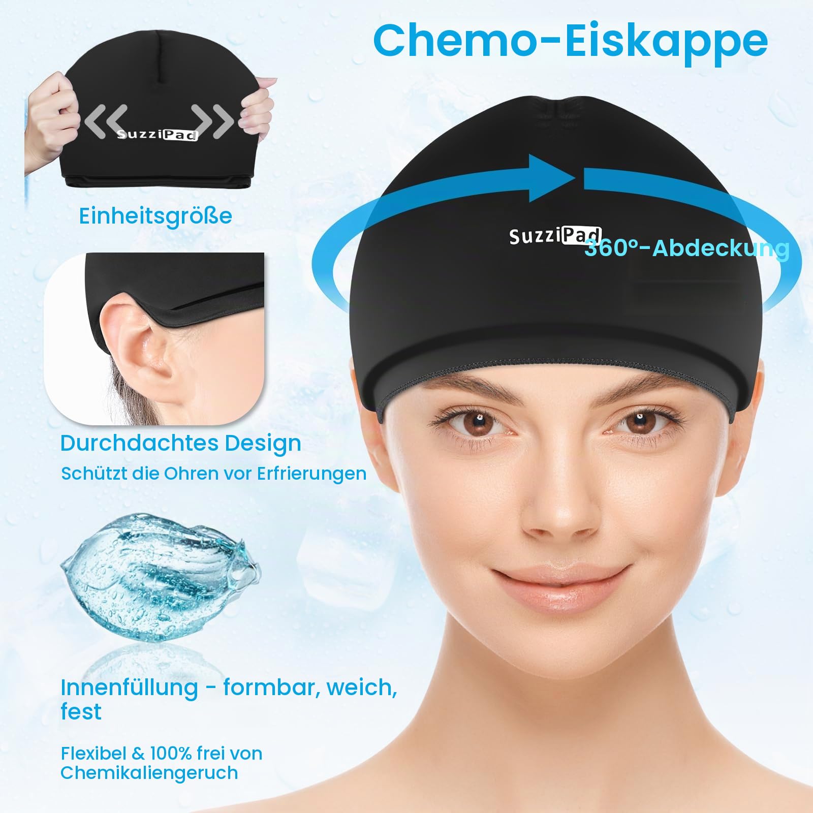 SuzziPad Ice Pack Stress Relief Cap & Cooling Socks & Cold Gloves for Chemotherapy, Comfort Items for Chemo Patients, Smoothe discomfort for feet, Head and Hand, S/M