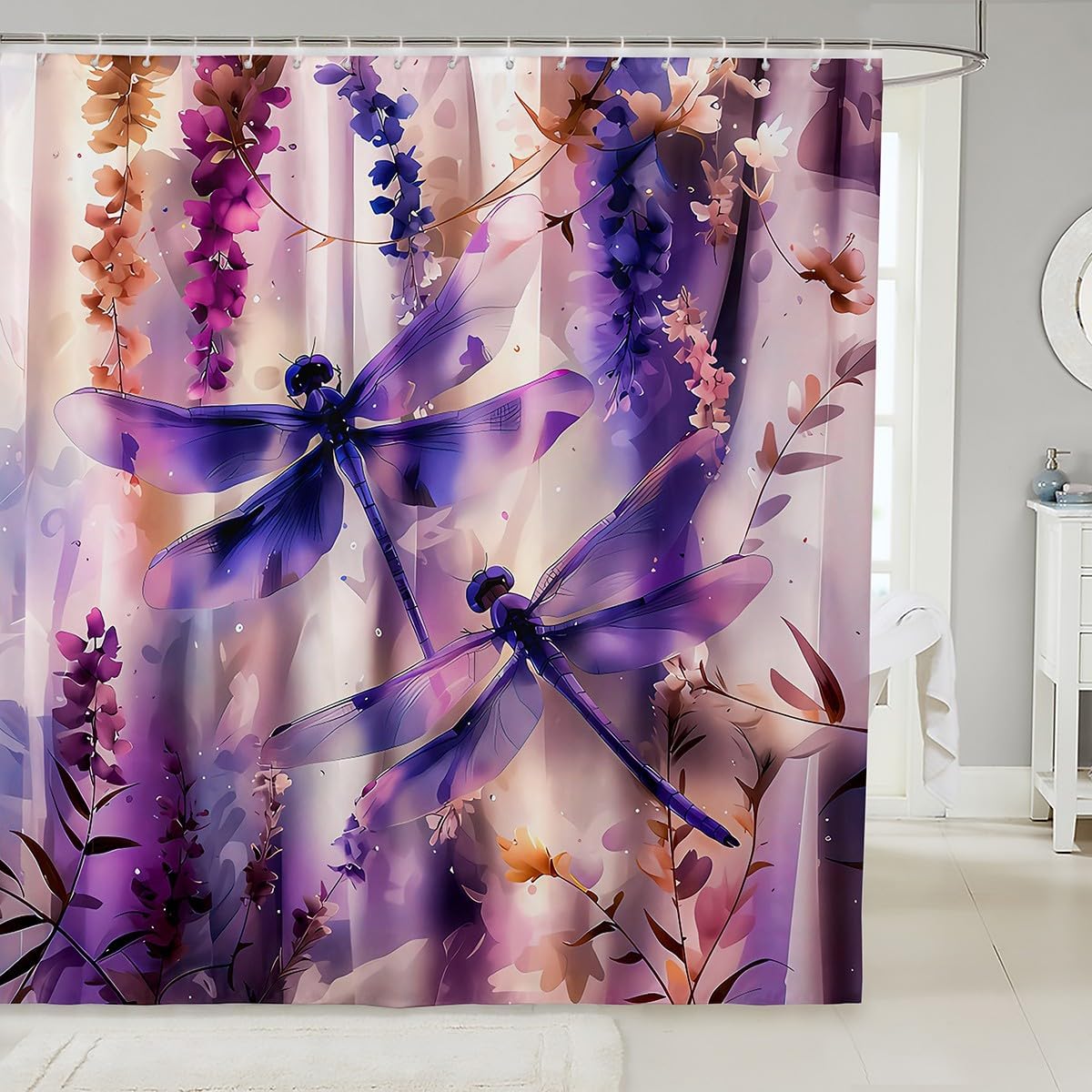 Feelyou Pretty Purple Dragonfly Fabric Shower Curtain Purple Flower Shower Curtain for Kids Wild Animal Bathroom Waterproof Accessories with 12 Hooks Summer Animal Curtains,72x78 Inches