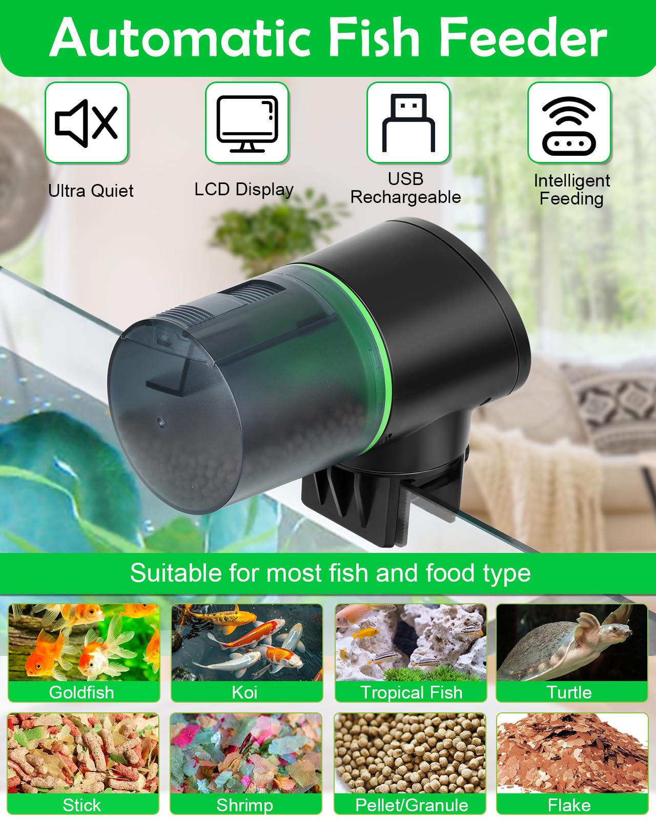 Petbank Mangiatoia Automatica Acquario - Mangiatoia Pesci Intervallo di alimentazione del pesce facile da impostare 12/24/48 ore con Cavo di USB Charger, Dispenser Cibo Pesci Automatico, Nero