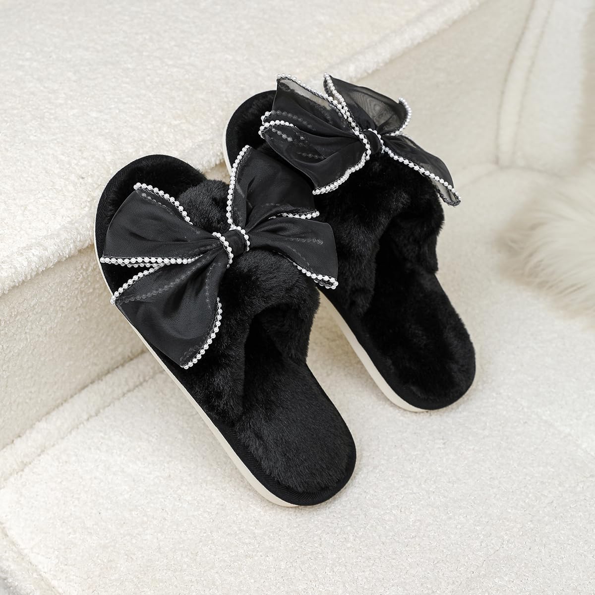 Cute Bow Slippers for Women Open Toe Fuzzy House Slippers Memory Foam Indoor Outdoor Anti-Skid Soft Birthday Gifts for Women Mom - Image 3
