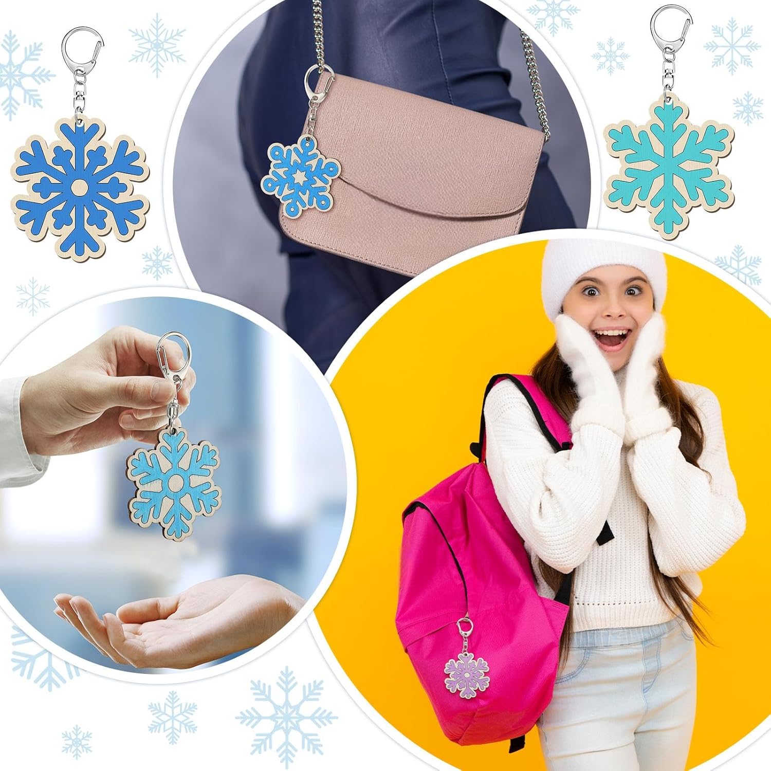 Tondiamo 36 Pcs Winter Snowflake Keychain Craft for Kids Unfinished Wooden Keychains Color Your Own Snowflake Keychains DIY Blank Wood Painting Ornaments for Winter Activities Home Decor