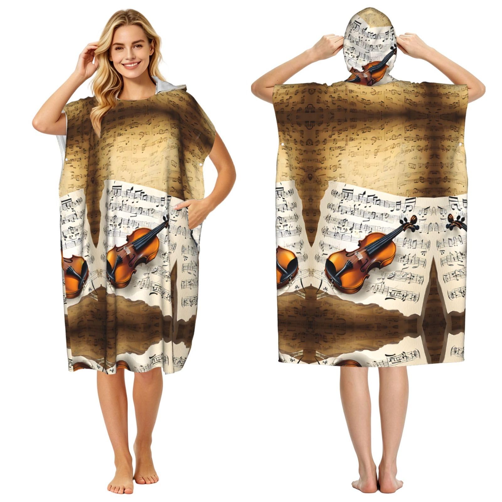 Poncho surf en microfibre imprimé papillon et violoncelle pour adulte
