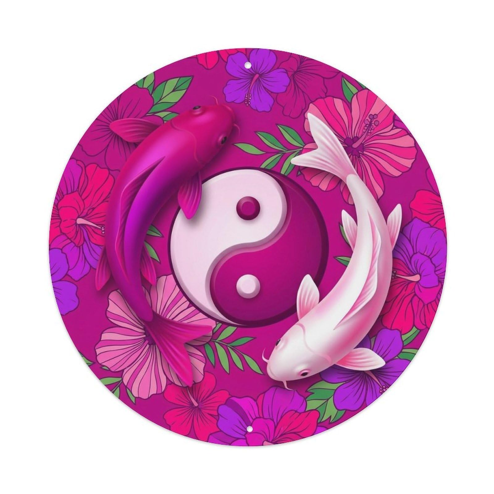 Japanese Koi Symbol Magenta Meditation Emblem Metal Tin Sign Plaque Wall Decor for Cafe, Man Cave, Club Bar, Office, Home Garden Round Metal Poster 8x8Inch