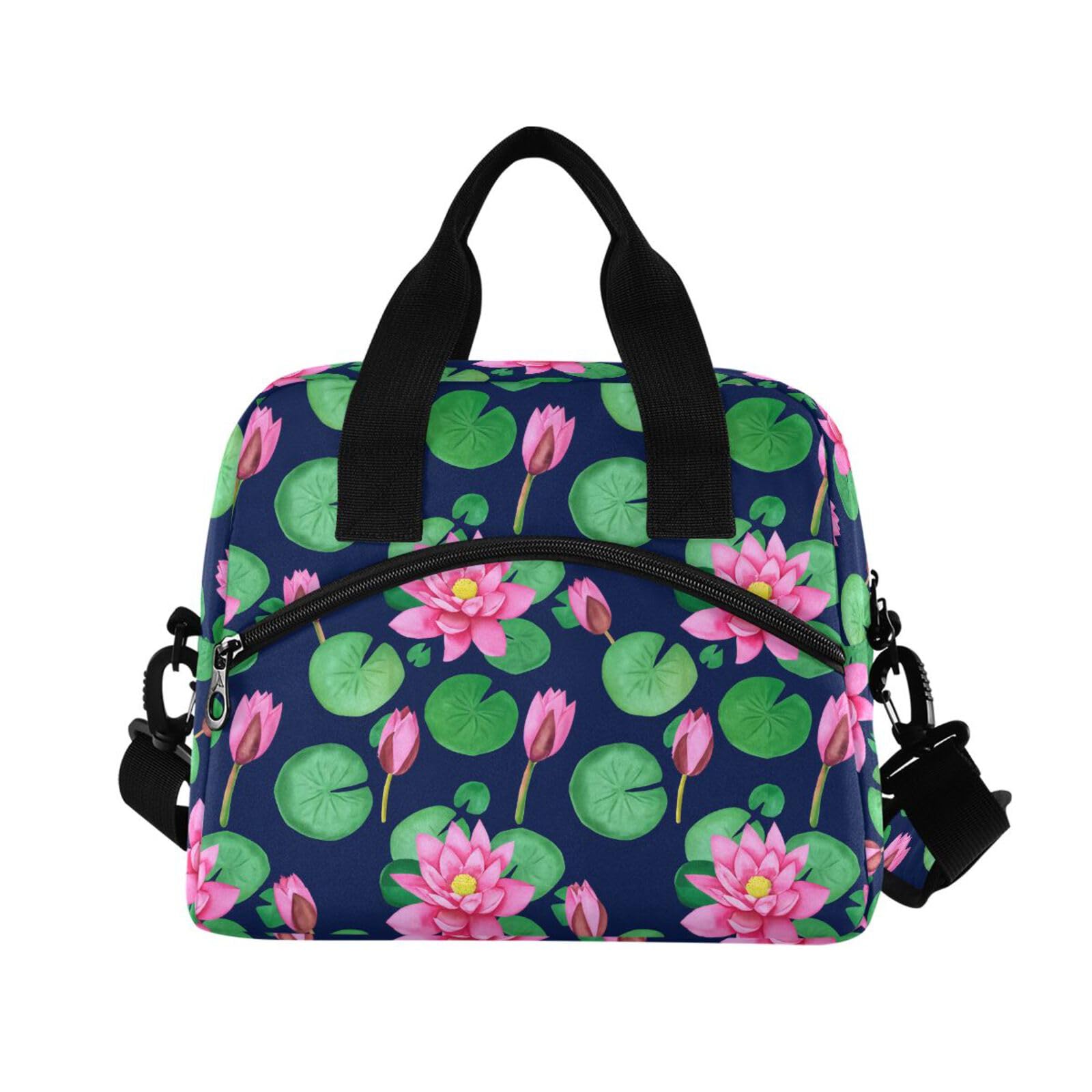 Sinestour Insulated Lunch Bag Reusable Cooler Leaf Flower Blue Lunch Box Adjustable Shoulder Strap for Adults Men Women