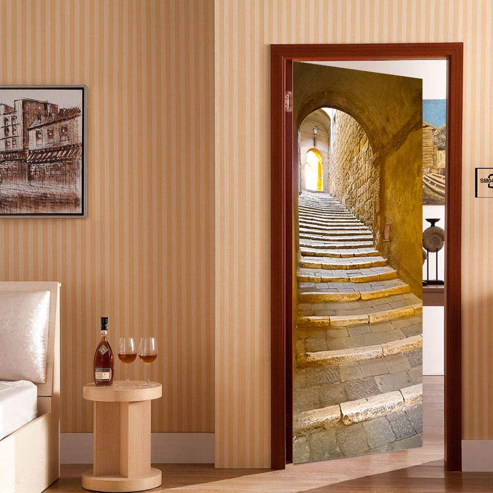 3D Door Sticker Stone Steps Self-Adhesive Mural Home Decoration Wall Stickers Bedroom Living Room Removable Poster Art Stickers-90x200cm
