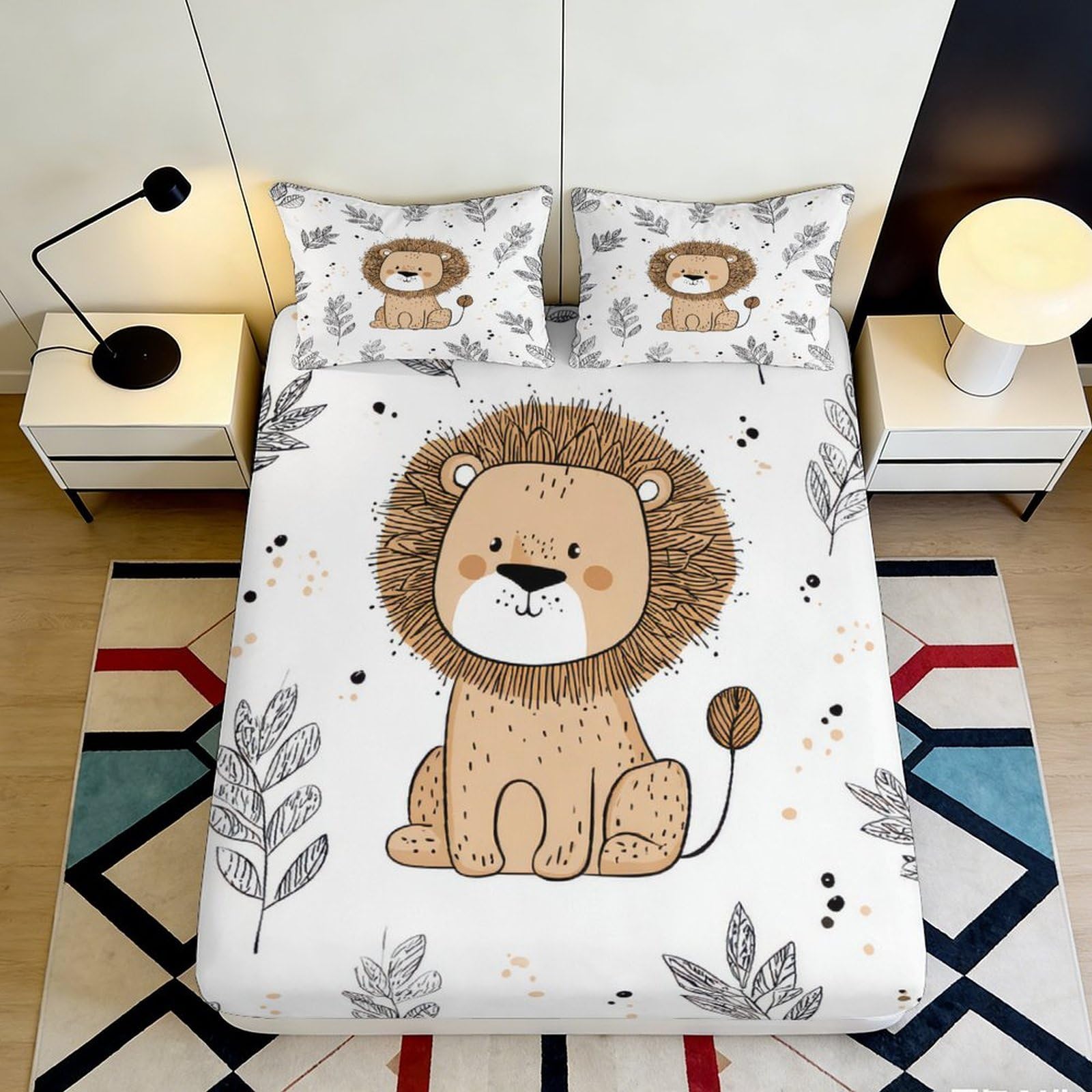 3D Printed Cartoon Lion Fitted Sheet Microfiber Soft Brown Leafy Jungle Mattress Cover for Bedroom Dorm Decor 90x200x25cm