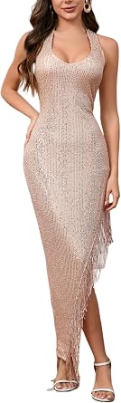 Womens V Neck Asymmetrical Fringe Hem Sleeveless Bodycon Dress Halter Backless Sequins Tassels Maxi Dress