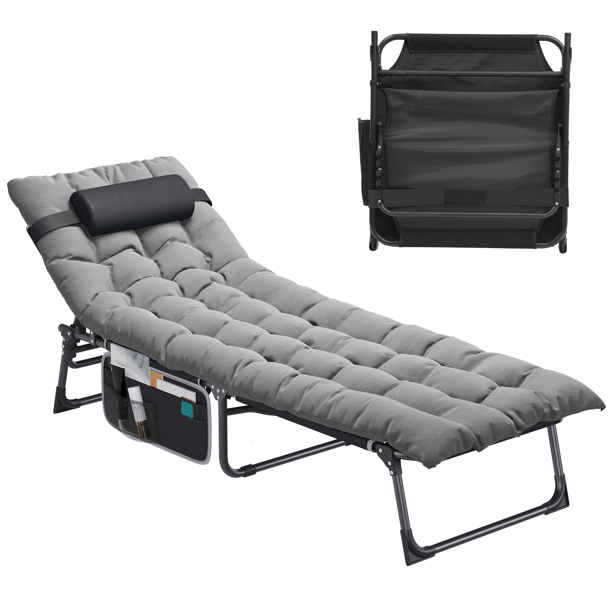YITAHOME Tumbona Plegable Playa con Cojín 190x68x31cm Tumbonas Jardin Exterior 4 Posiciones Ajustables Tumbonas Piscina con Reposacabezas y Bolsillo Lateral Carga de 300lbs para Jardín, Camping, Gris
