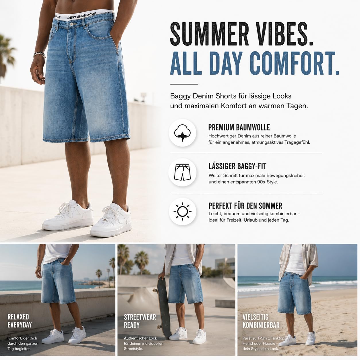 Redbridge Short en jean baggy pour homme - Short en denim large au look usé des années 90 - Bermuda décontracté en coton - Surdimensionné - Streetwear d'été