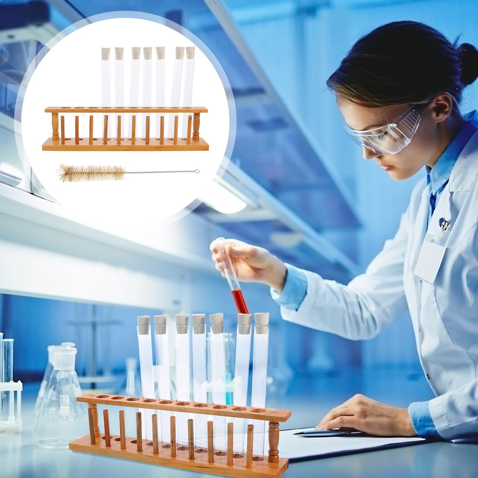 YARNOW Kit di Provette in Vetro con Tappi di Gomma, Supporto in Legno da 10 Fori e Spazzola per Pulizia, per Esperimenti Scientifici Scolastici e Attività Creative
