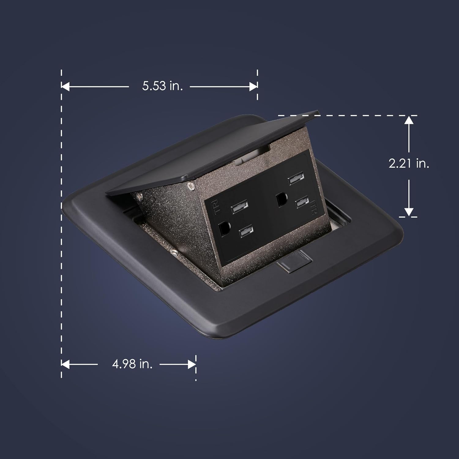 Pop-Up Floor Outlet, Electrical Box for Wood Sub-Flooring with 15 Amp TR Duplex Receptacle, Black