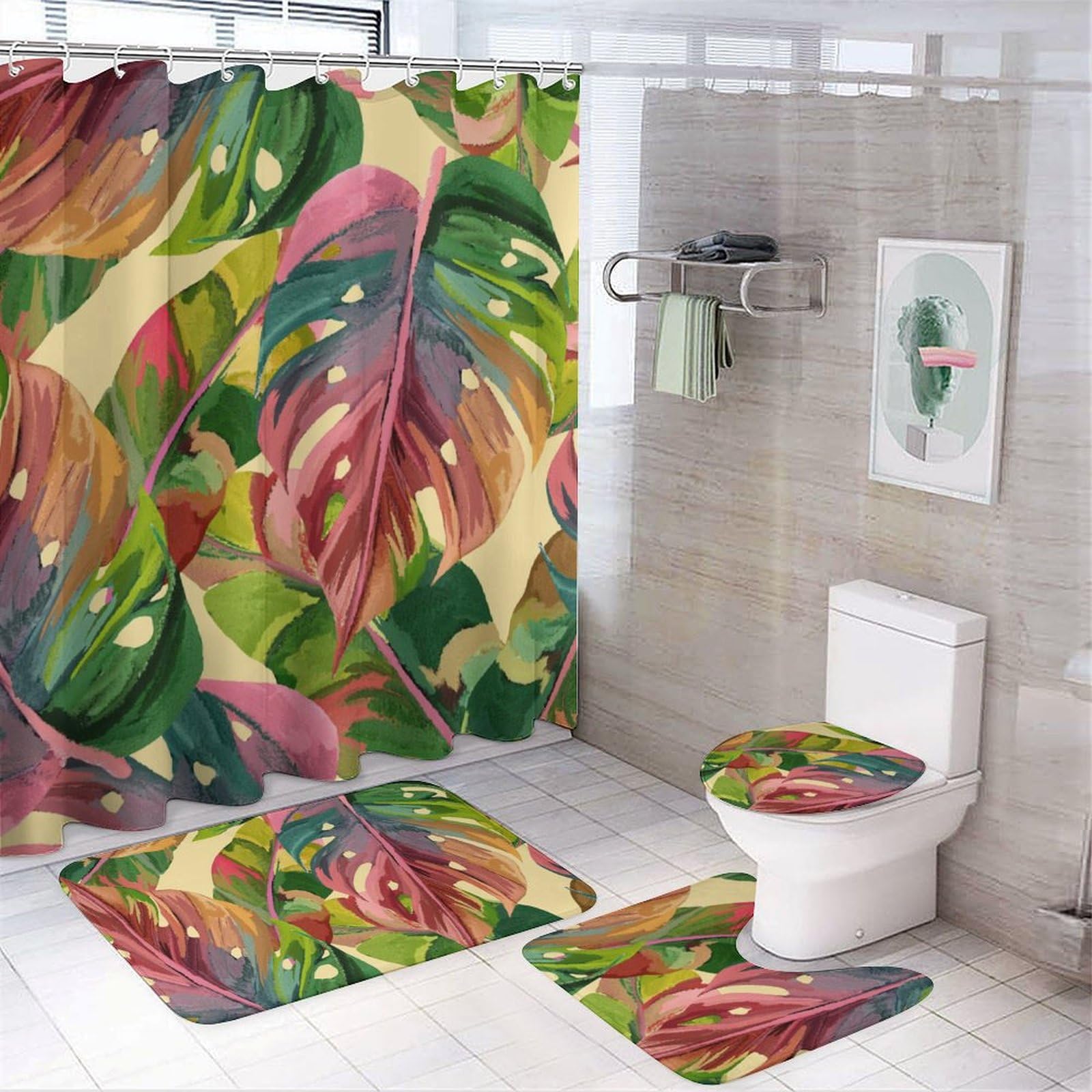 Juego de cortinas de ducha Monstera para transformar el baño en un oasis natural con alfombras