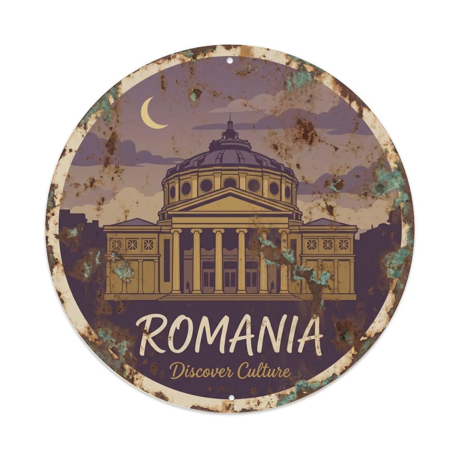 Athenaeum Romanian Tourism Discover Heritage Scenic Landmark Metal Tin Sign Plaque Wall Decor for Cafe, Man Cave, Club Bar, Office, Home Garden Round Metal Poster 8x8Inch