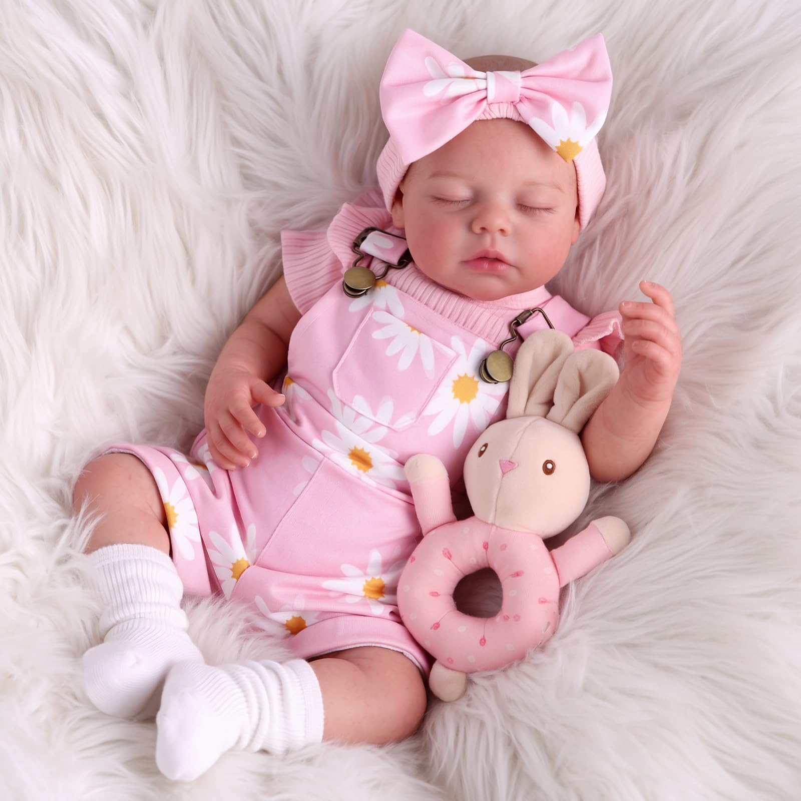 BABESIDE Reborn Puppe Mädchen, 20 Zoll Vinyl Schlafende Babypuppen wie echt | Bewegliches Reborn Baby mit Stoffkörper, Lebensechte Babypuppen mit Latzhosen-Set und Zubehör, Baby Doll Puppe ab 3+ Jahre