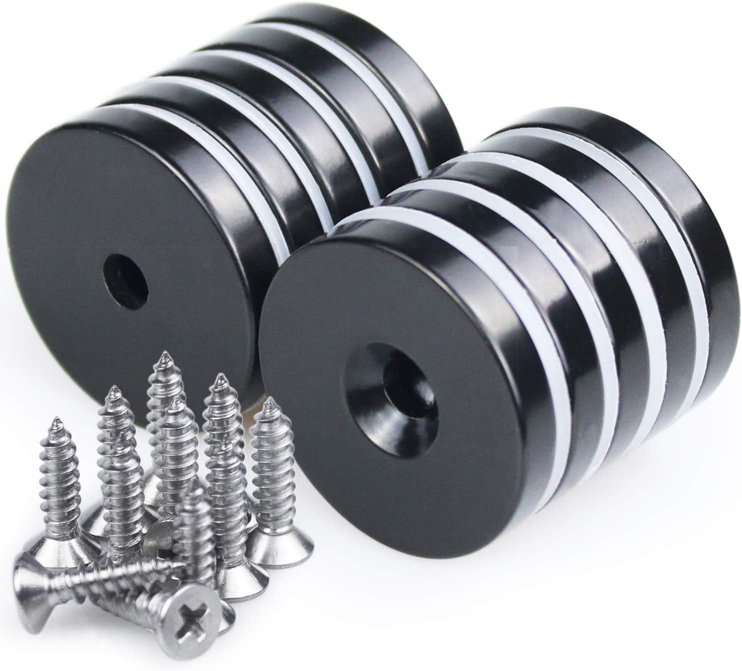 LOVIMAG 1.26”D x 0.2”H Black Epoxy Coated Neodymium Disc Countersunk Hole Magnets. Strong Permanent Rare Earth Magnets with Screws for Tool Room, Science, Craft, Office, Etc - Pack of 10