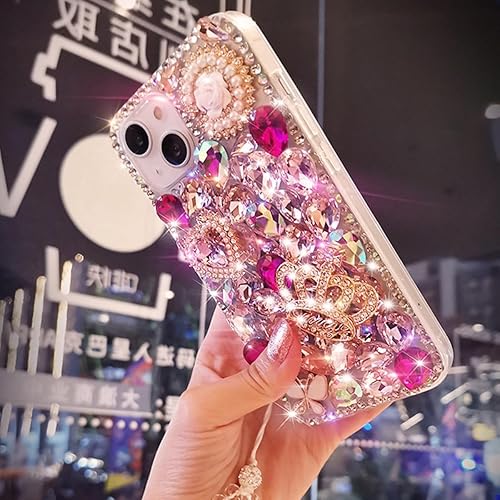Miniatura 7 de Funda con purpurina para iPhone 15 Pro Max, bonita corona 3D con diamantes de imitación de diamantes de imitación de diamantes brillantes de perlas
