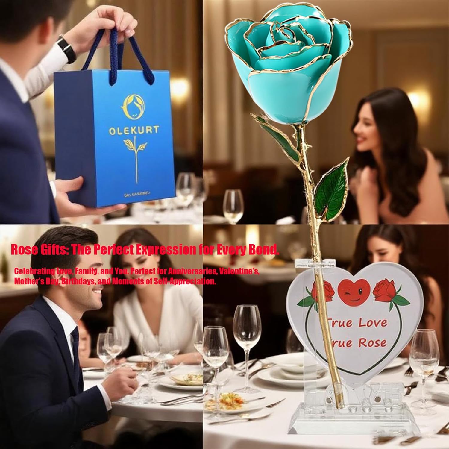 24K Gold Dipped Rose, 11'' High, Real Sky Blue Rose, Anniversary & Valentine's Day Gift for Her, Elegant Decor - Image 4