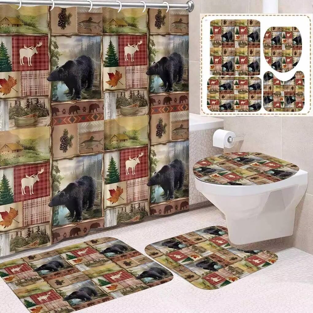 Tropeki 4Pcs Rustic Lodge Cabin Bear Shower Curtain Set