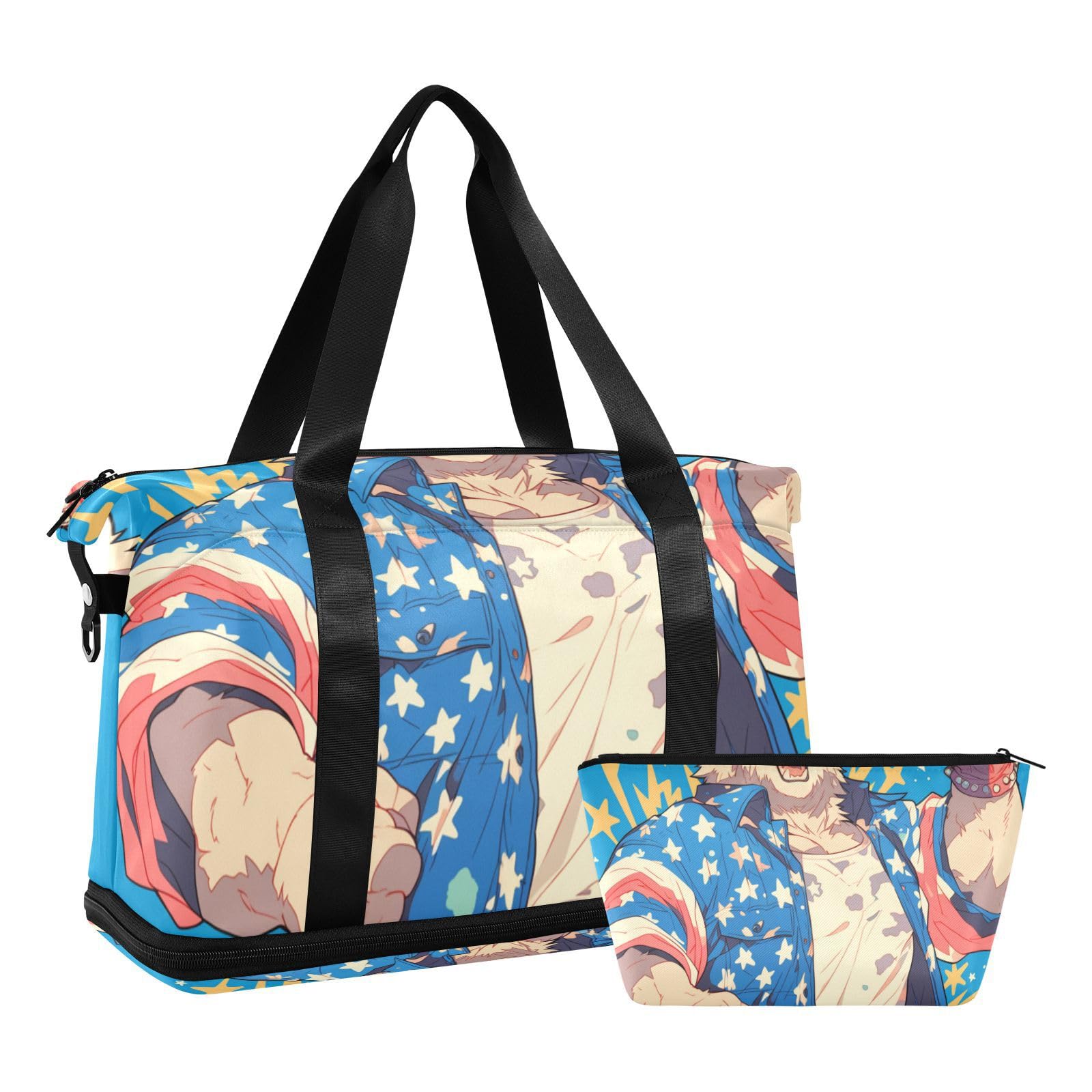 Reisetasche mit niedlichem Cartoon-Bär, patriotische Farbe, Reisetasche, mit Nassfach, verstellbarer Riemen, für Fitnessstudio, Handgepäck, für Reisen, faltbar, für Männer und Frauen