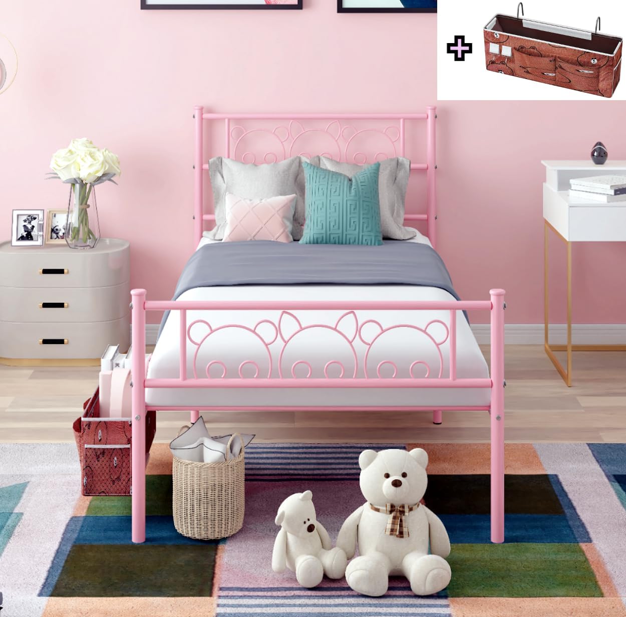 New Piggy Design Pink Twin Bed Frames with Hanging Bedside Storage Caddy for Teen Girls Adults, Cute Twin Size Bed Frame, Metal Platform Twin Mattress Foundation Single Beds with Headboard