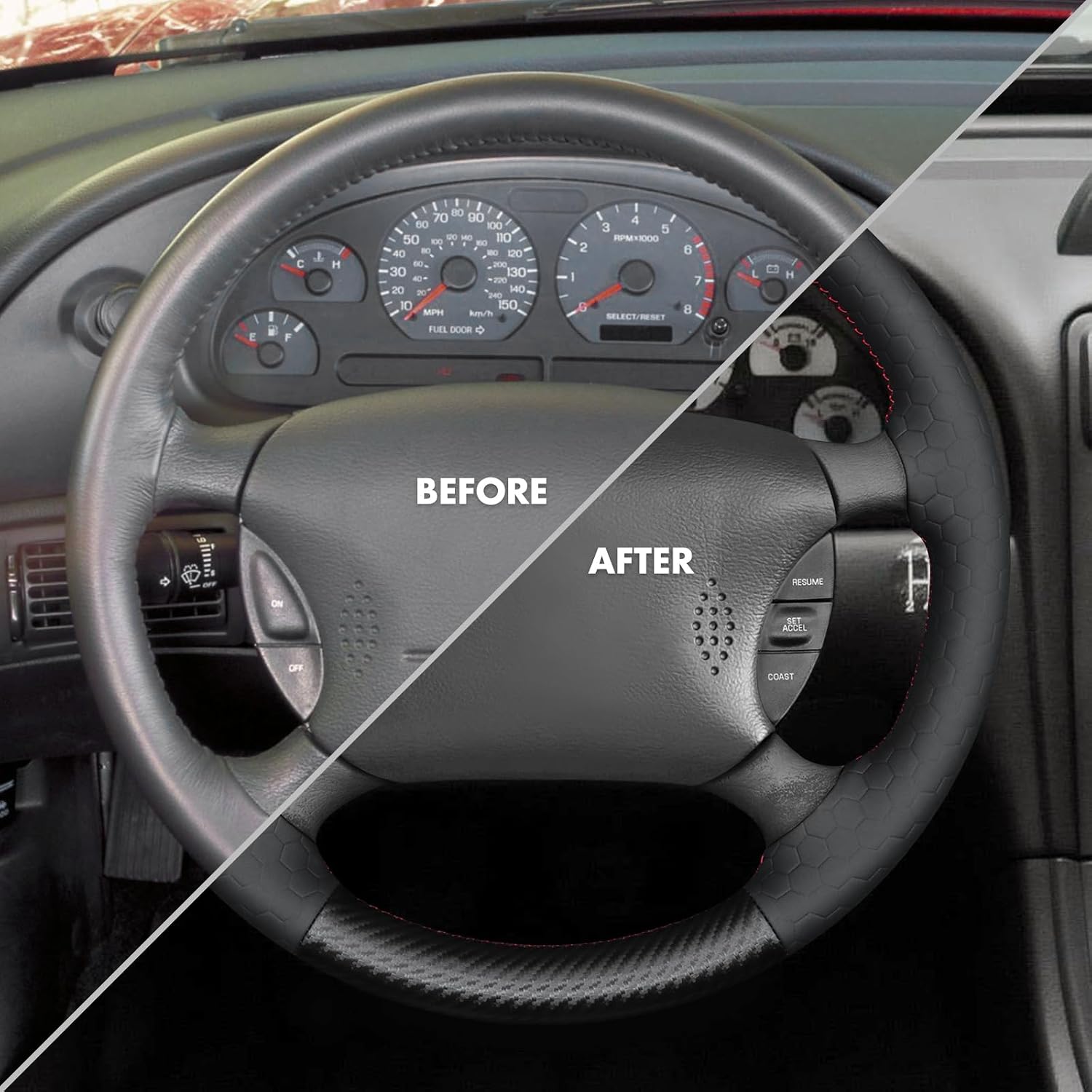 MEWANT for Mustang Steering Wheel Cover 1994-2004 Hand-Stitched Leather Car Steering Wheel Wrap for Ford Mustang Accessories